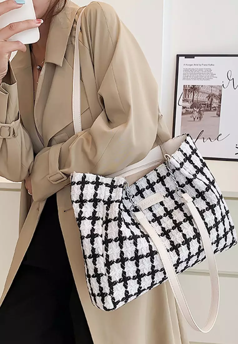 Wakakids Tas Wanita Bahu Shoulder Bag Tote Bag Bahan Kain Tweed Plaid Pattern Venrc Hitam