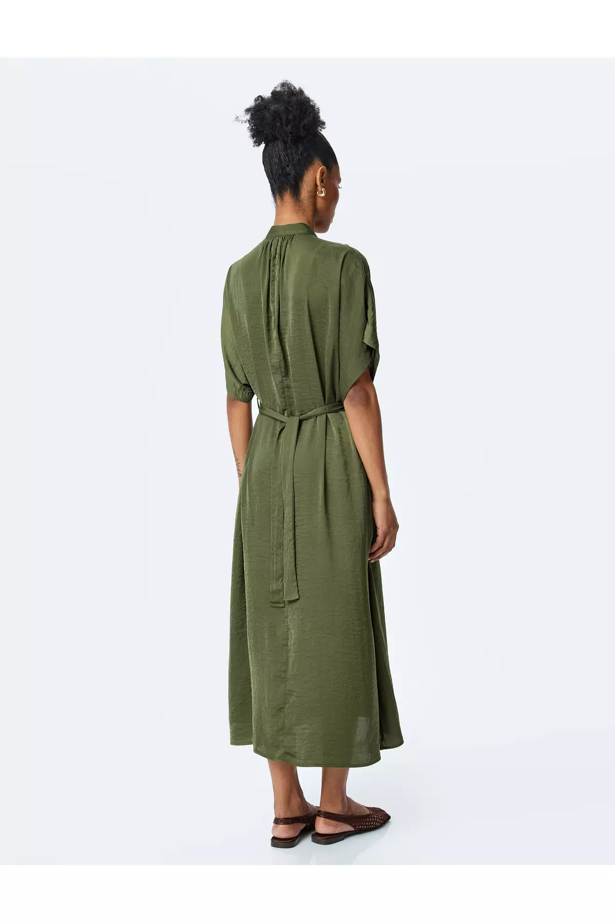 Flowy Short Sleeve Midi Length Double Breasted Satin Dress