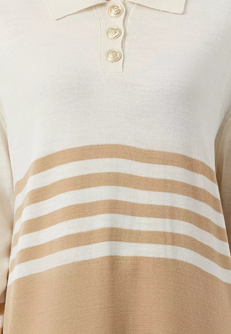 Brown Stone Buttoned Color Block Knit Dress Tctaw25Eb00002