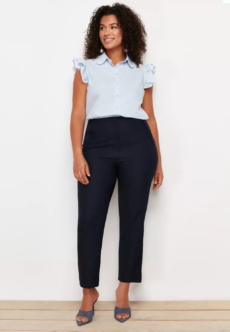 Cigarette Fleto Pocket Plus Size Fabric Trousers