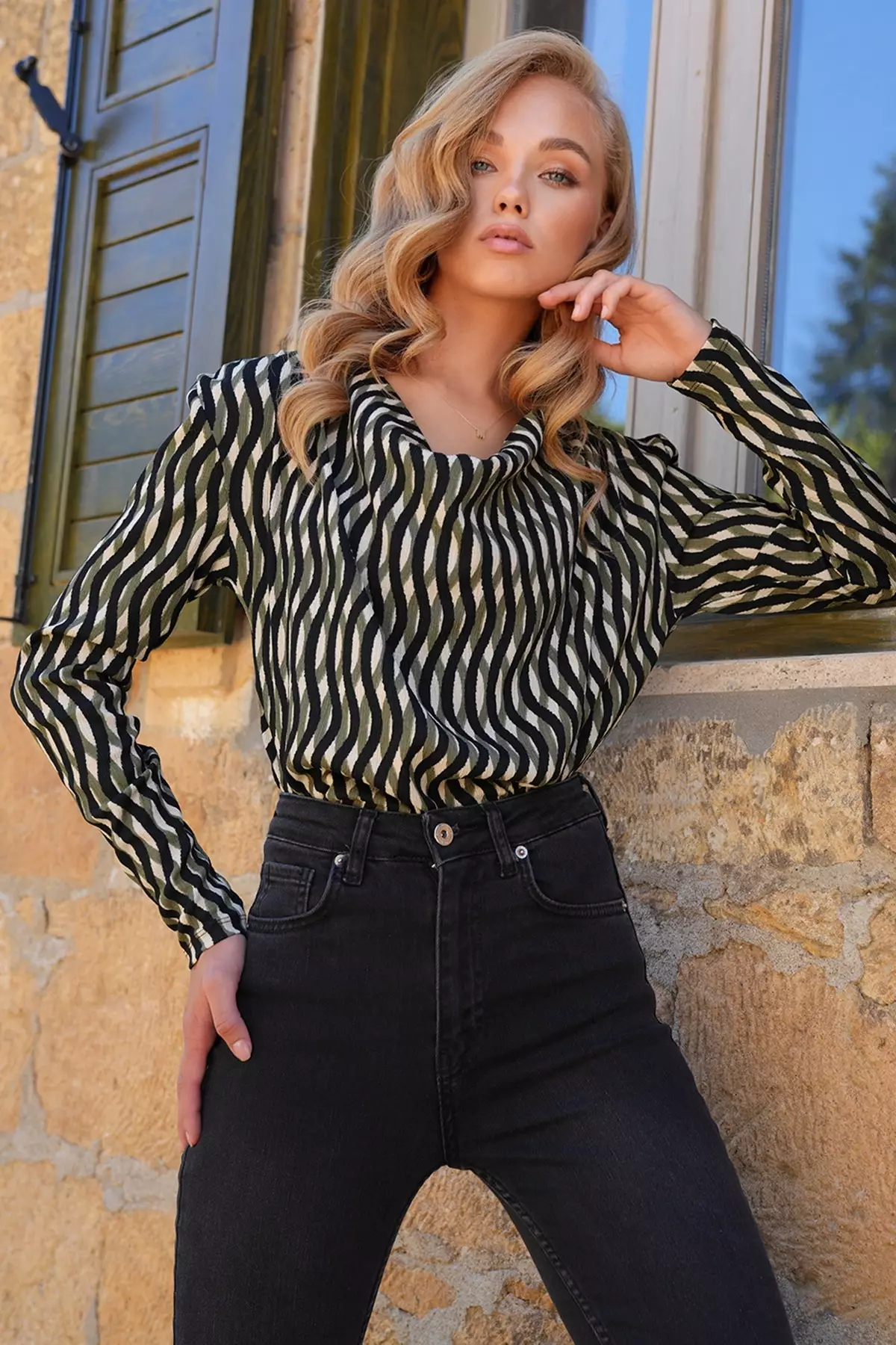 Women's Green-Black Cowl Neck Draped Shoulders Basic Blouse Alc-X14374