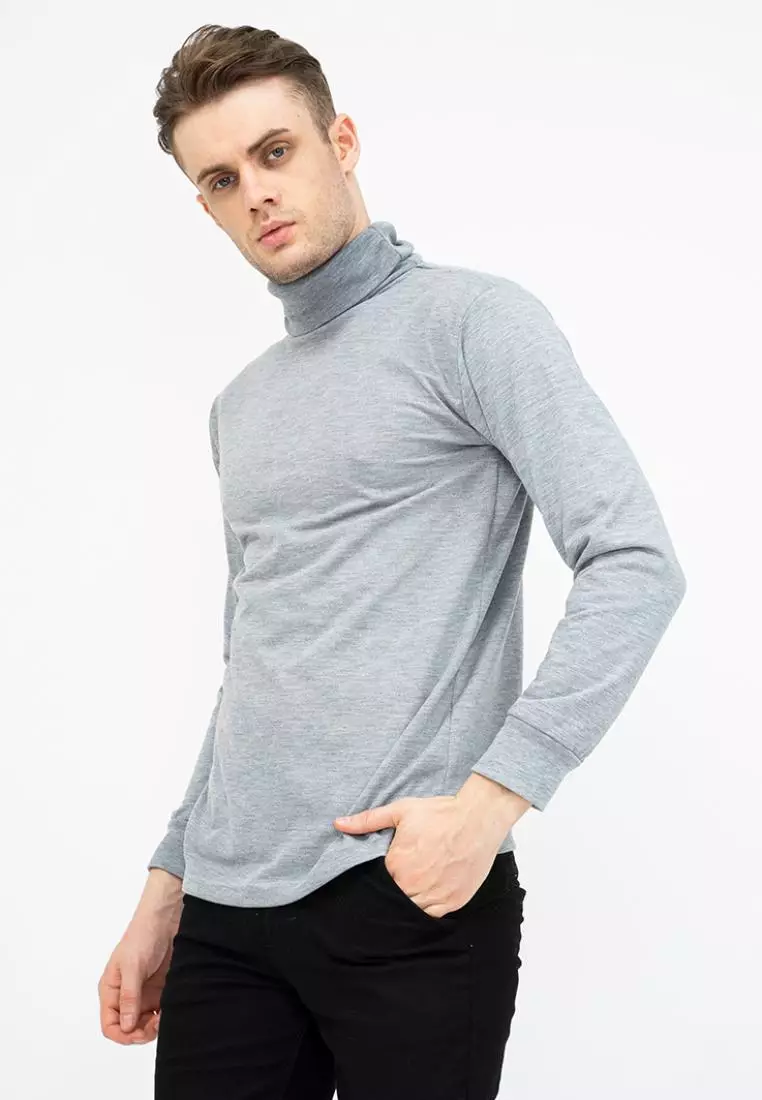 Turtle Neck pria lengan panjang abu muda kaos kerah tinggi slim fit houseofcuff