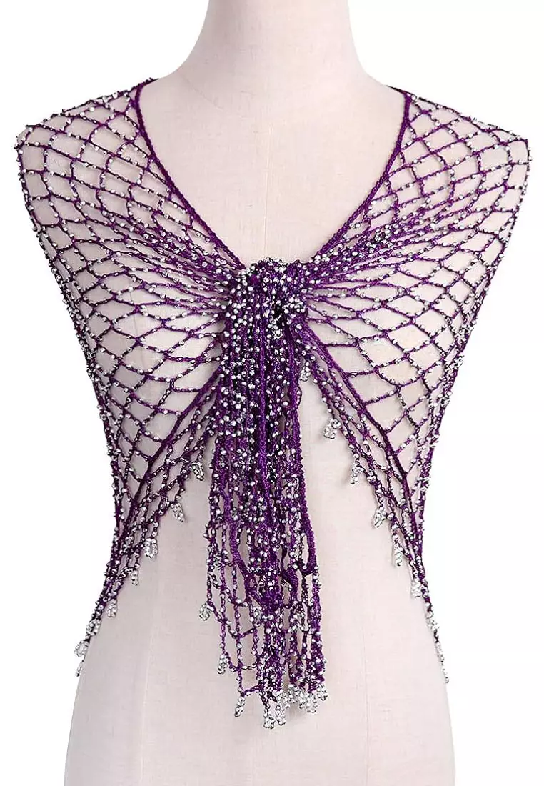 Aksesoris Wanita Beaded Triangle Scarf Segitiga Syal Wanita Purple & Silver