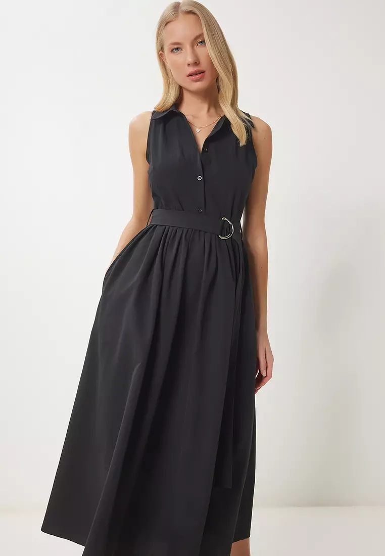 Women's Black Belted Poplin Midi Shirt Dress Ub00354