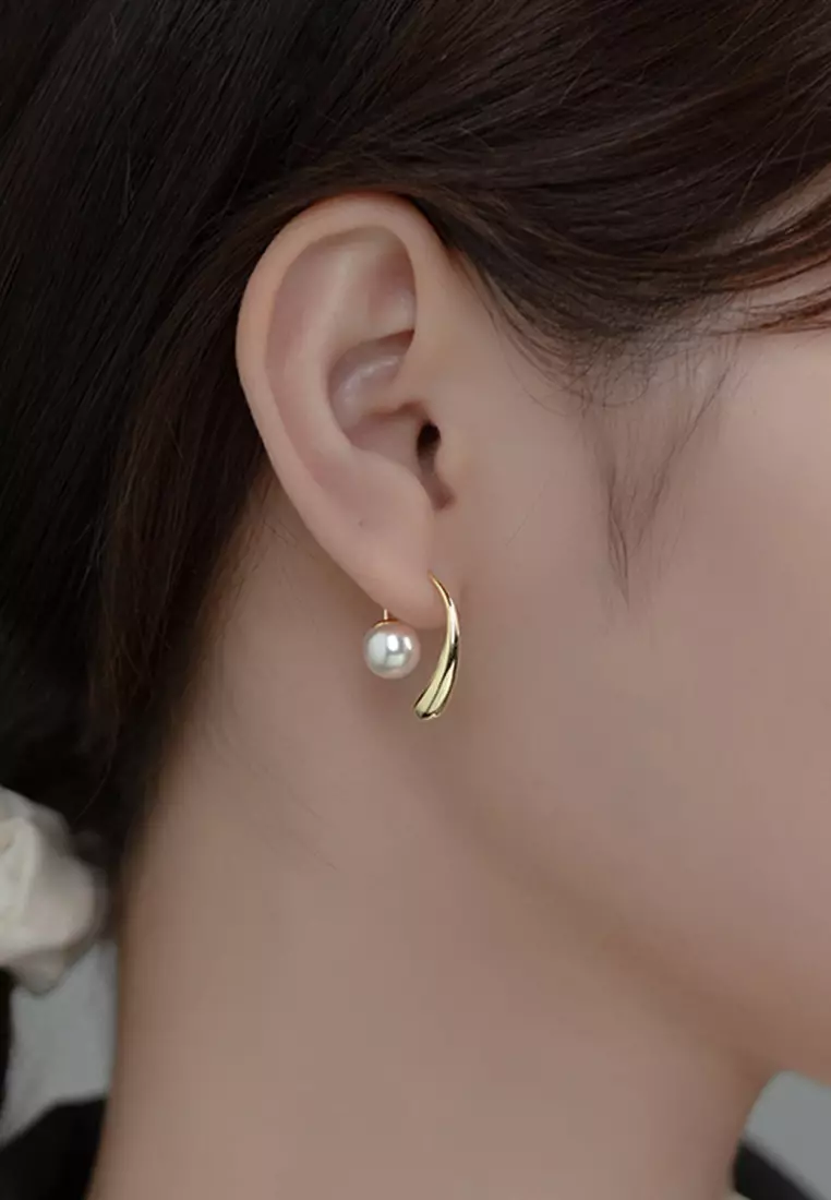 925 Silver Plated Gold Water Drop Design Faux Pearl Earrings JW AR-M00927