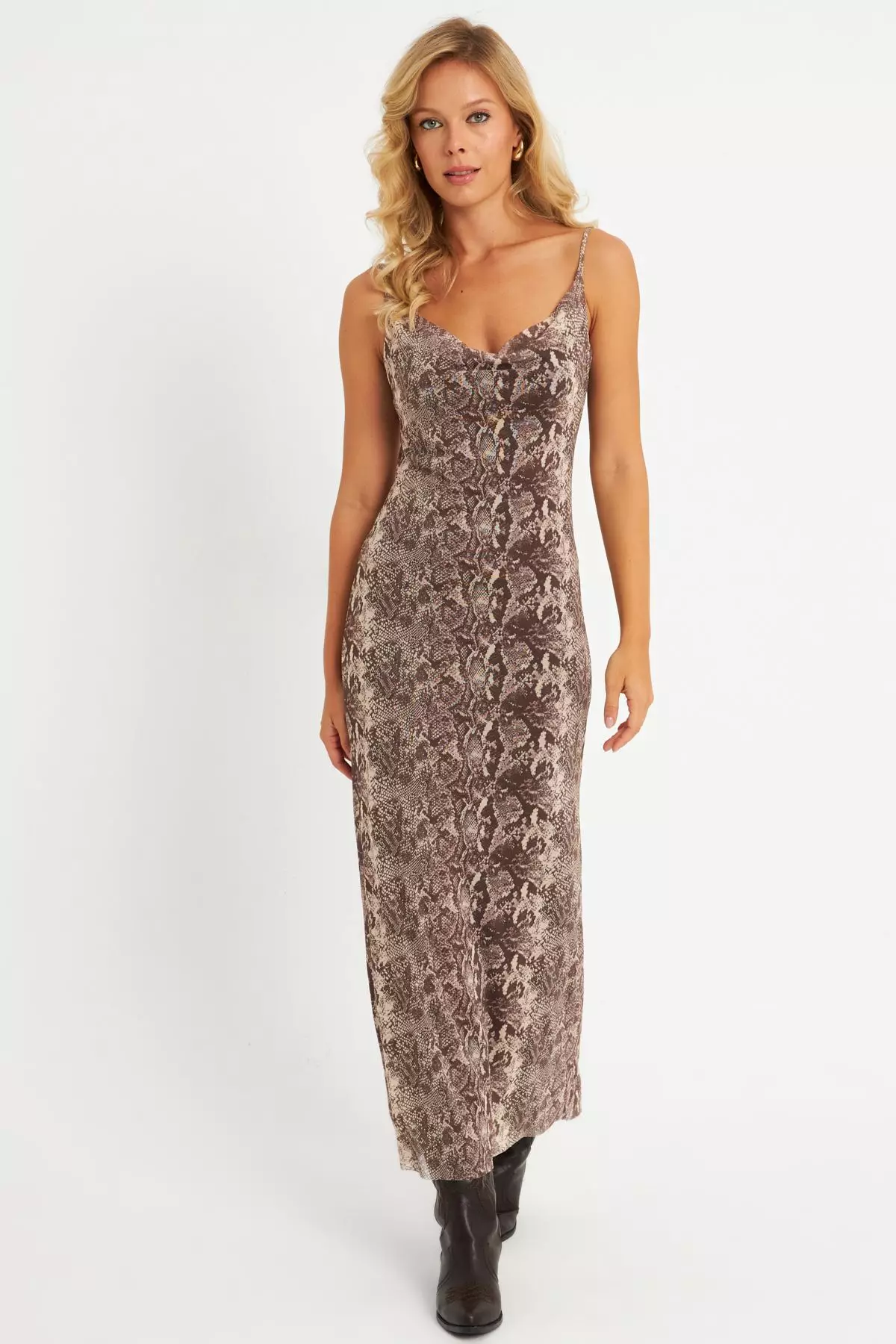 Snake Patterned Lined Midi Dress