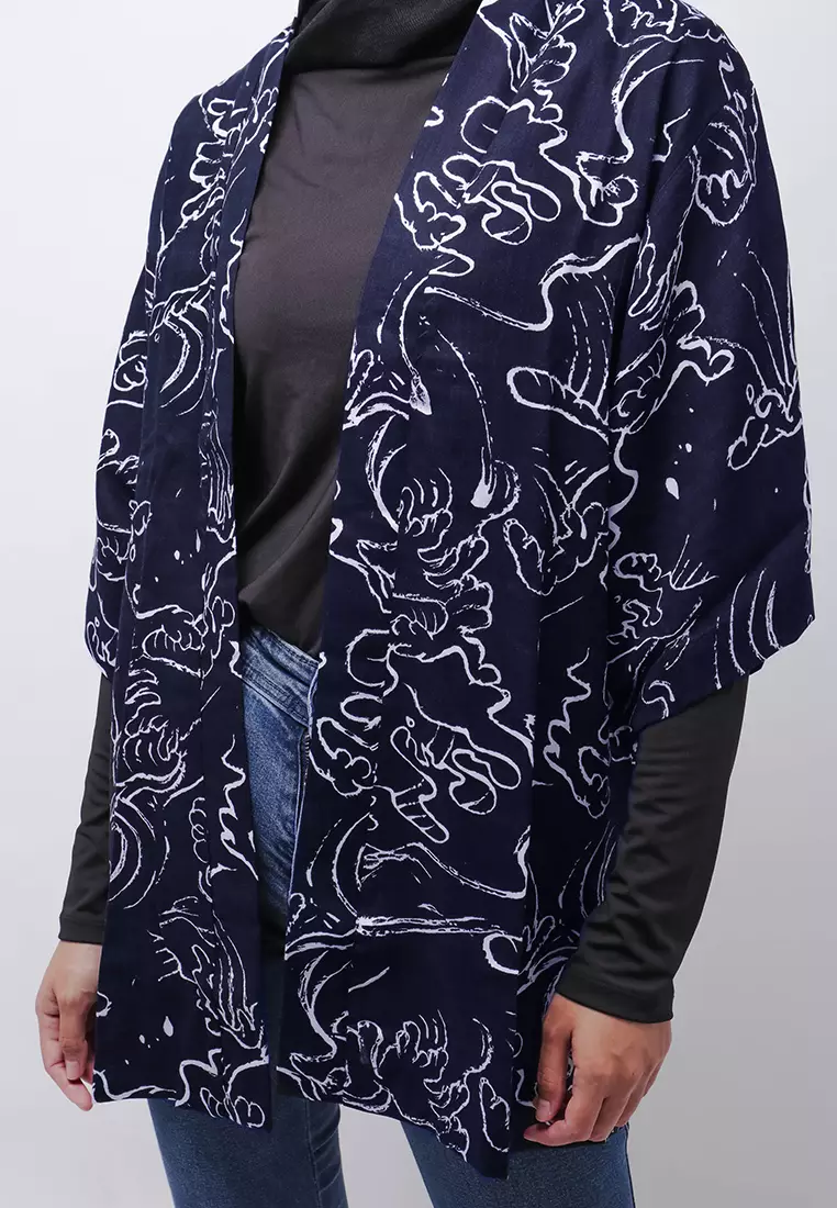 NTB03 KMN Kimono Outer Unisex Abstark 2 Navy Putih