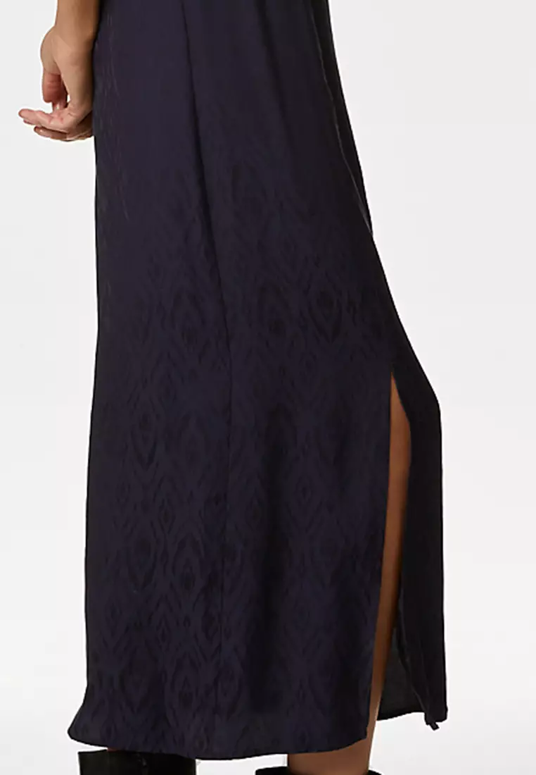Satin Jacquard V-Neck Midi Slip Dress