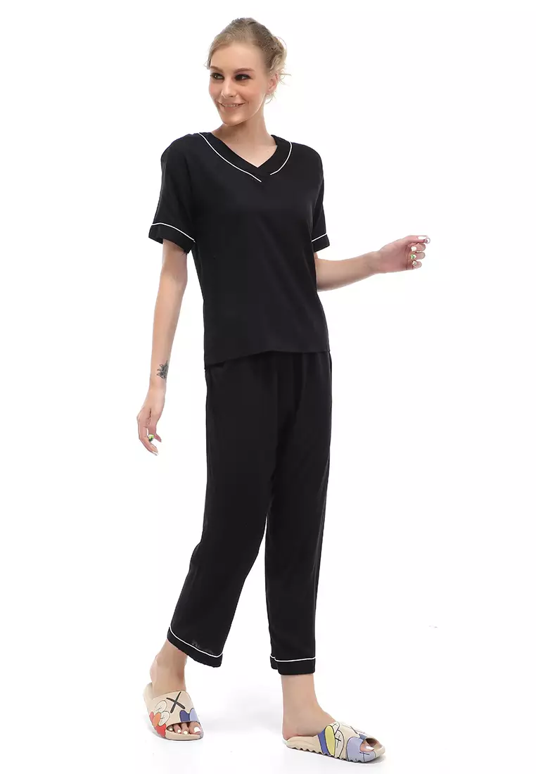 Vance Piyama Setelan Baju Tidur Wanita Lengan Pendek Material Rayon ORIGINAL - Black
