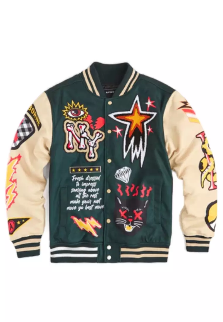 NYC Streetwear - Super Fly Varsity Jacket - Ivory/Green