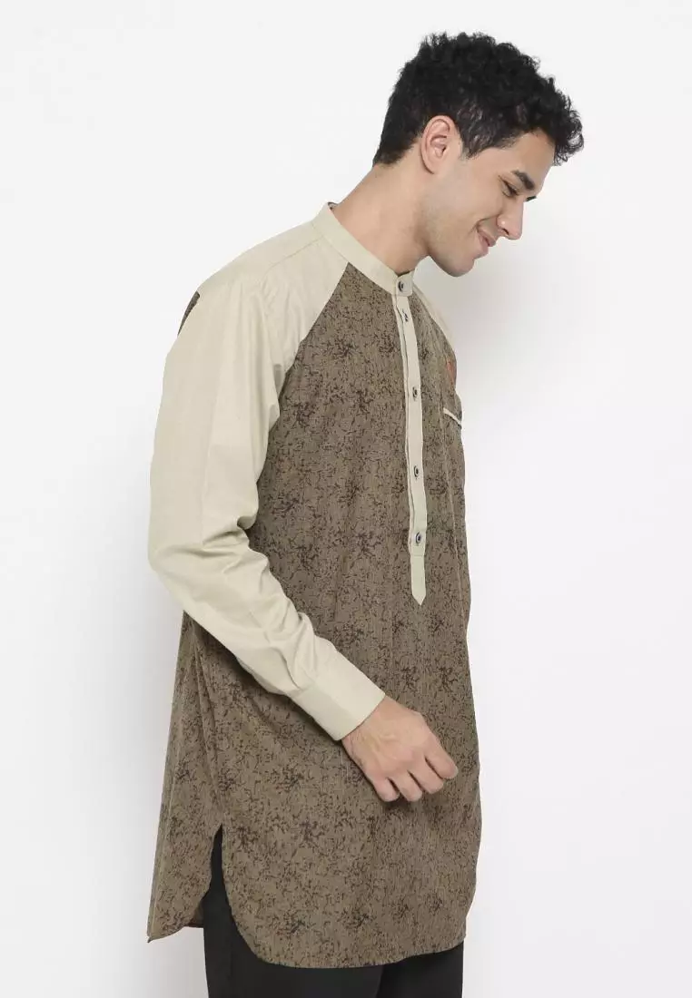 Zayidan Baju Koko Gamis Muslim Pria Fudail Pjg - Cream Motif