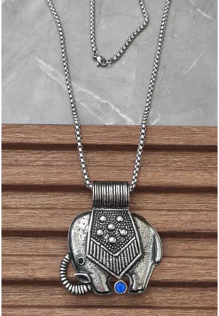 Aksesoris Pria Elephant Blue Diamante Pendant Premium Stainless Steel Necklace Kalung Pria Silver