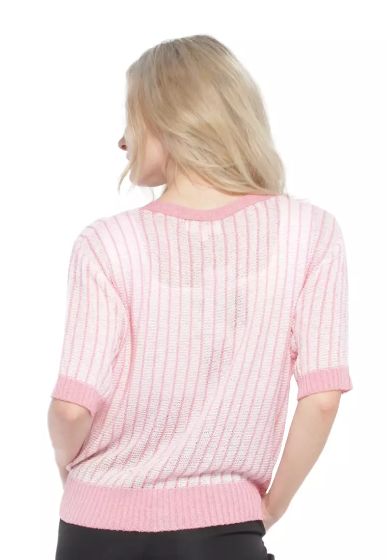 Pink V Neck Cable Knitted Top
