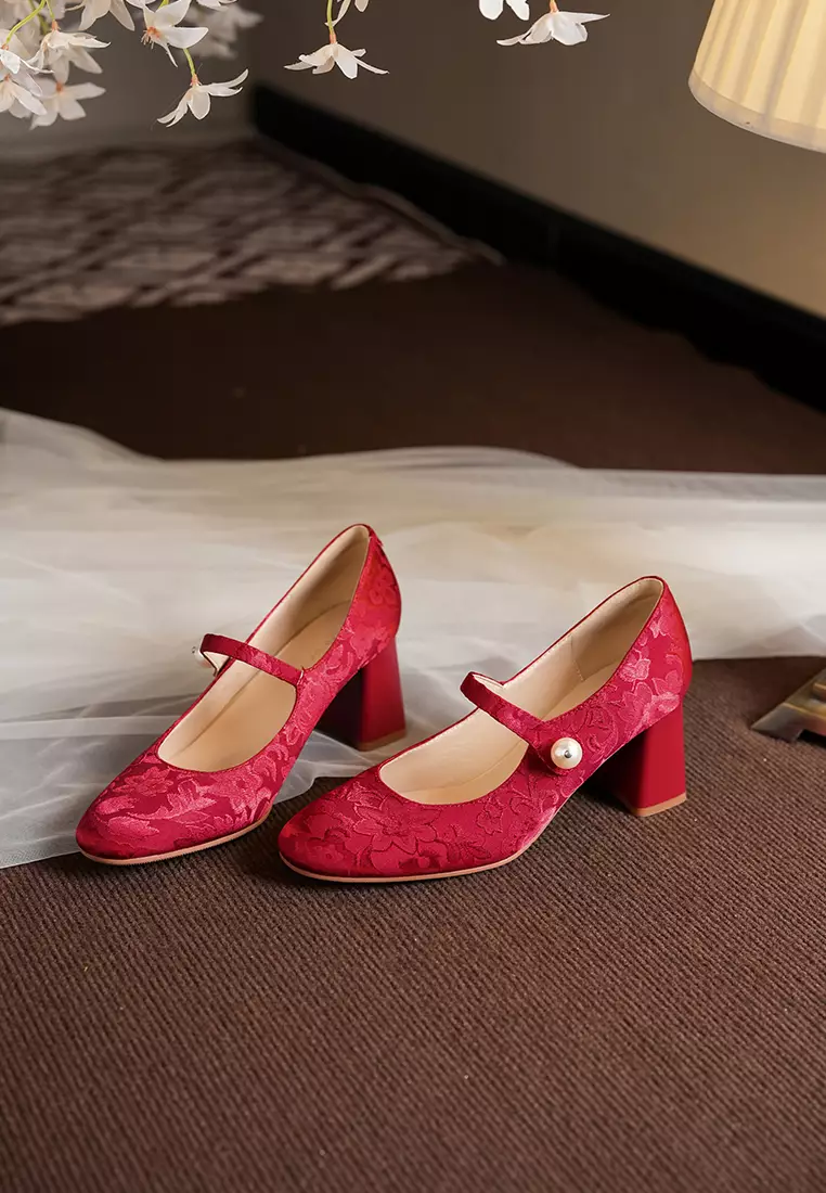 7CM Pearl Strap Cotton Print Mary Jane Shoes BY664-58