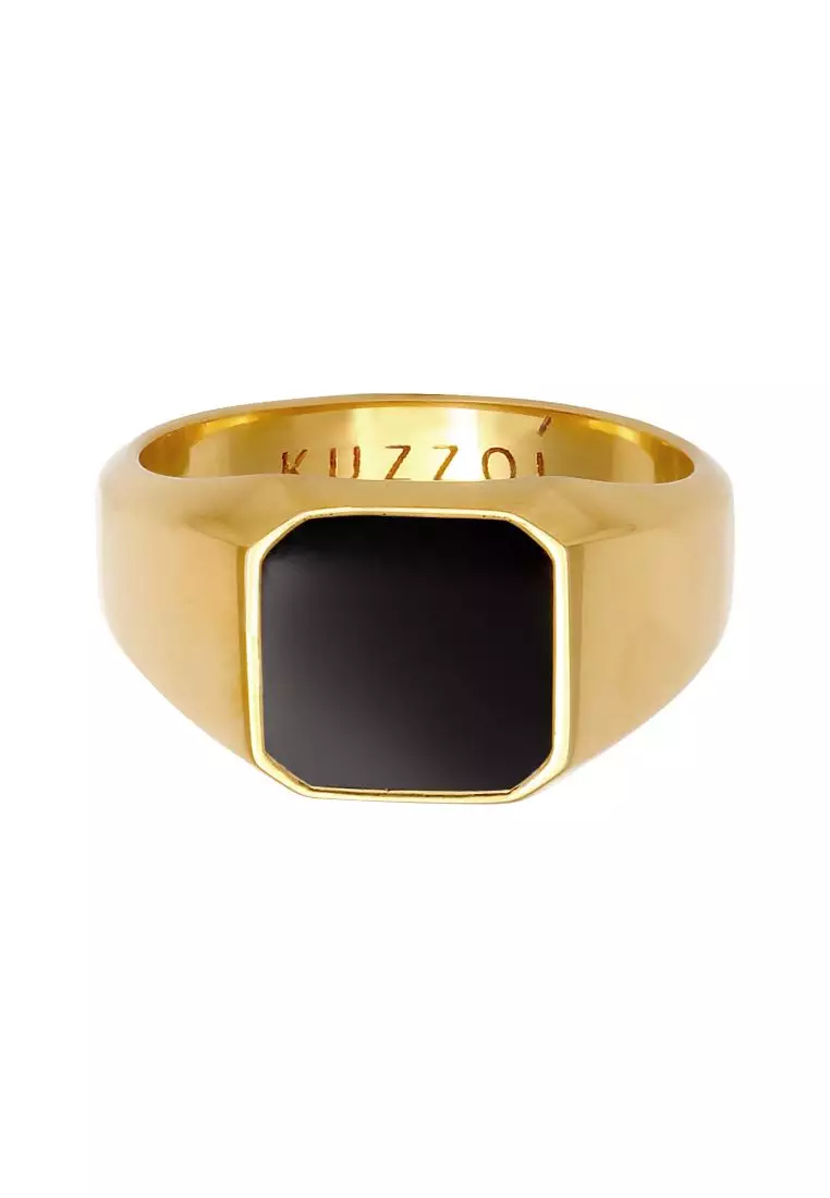 Men's Silver Black Enamel Octagon Signet Ring – Gold-Plated