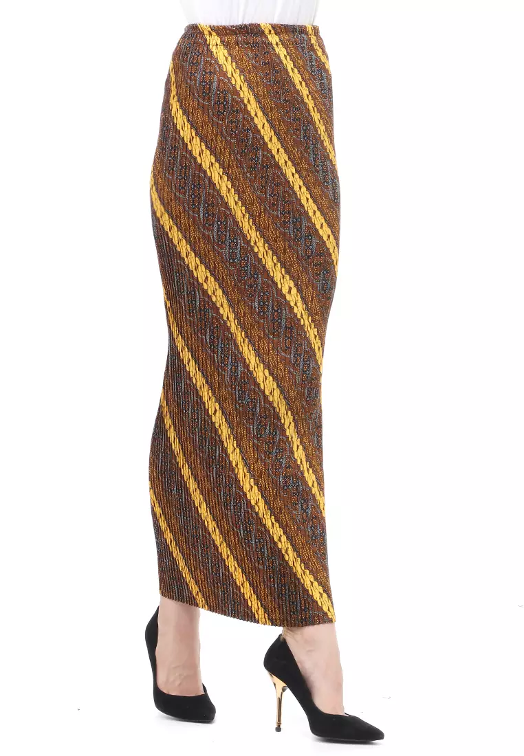 Rok Plisket Motif Batik Bawahan Wanita Design Casual - Parang Strip Kuning
