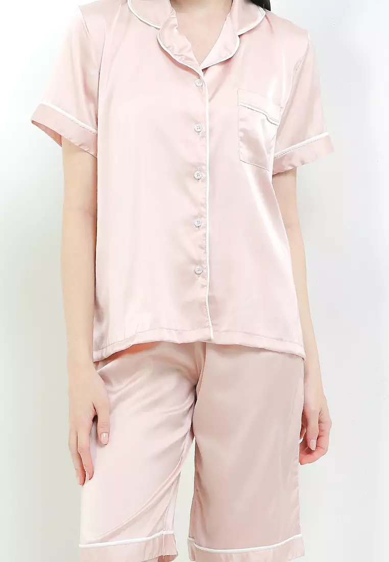 Piyama Pyjama Baju Tidur Satin Silk Short Sleeve Short Pants Sleepwear