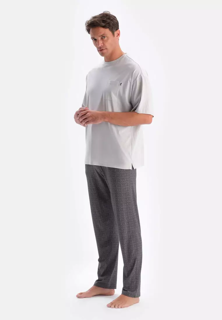 Grey T-Shirt & Trousers Knitwear Set, Crew Neck, Oversize, Long Leg, Short Sleeve Sleepwear for Men
