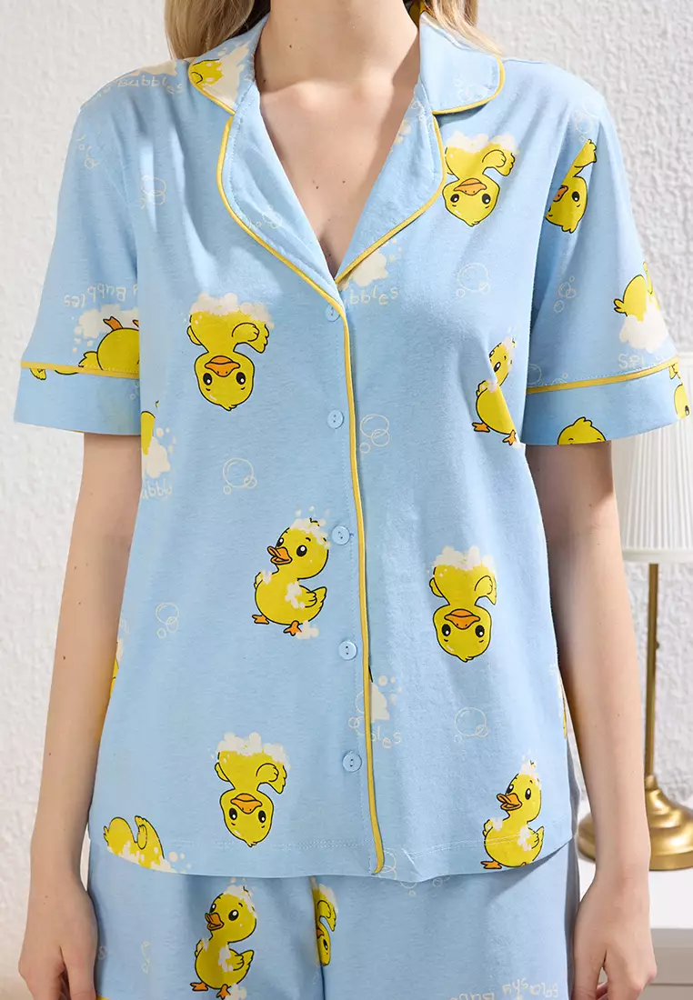 Blue 100% Cotton Duck Patterned Piping Shorts Knitted Pajama Set THMSS25PT00300