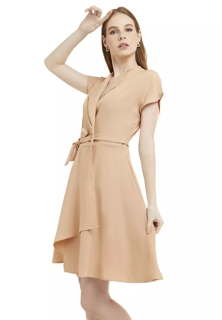 Mini Dress Kasual Lengan Pendek Collar Neckline Baju Wanita Regular Fit - Cream