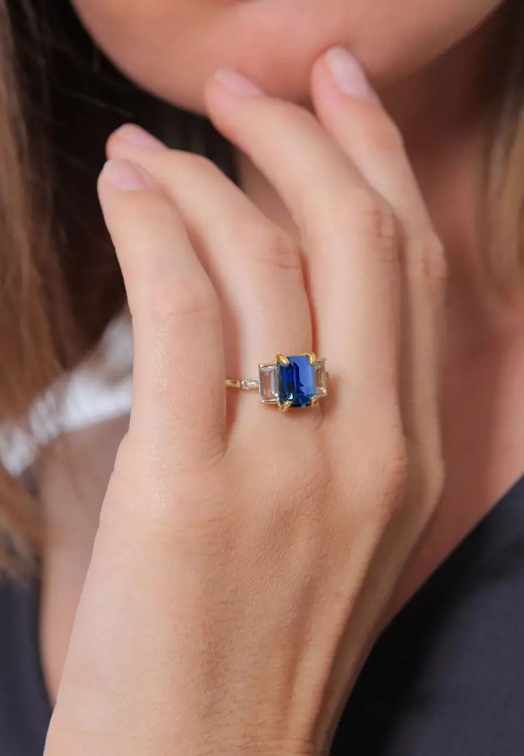 Cincin Perhiasan Perak 925 Wanita Rectangle Sapphire Gold Plated