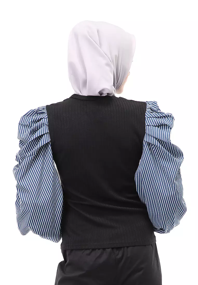 Kartika Blouse Muslimah Atasan Wanita Long Sleeve Motif Strip Regular Fit - Hitam