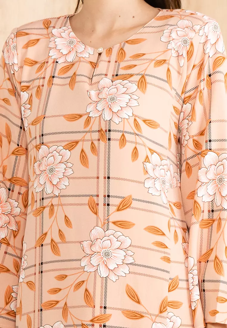 Tangelo Peach Plaid Floral Baju Kurung Pahang 4.0