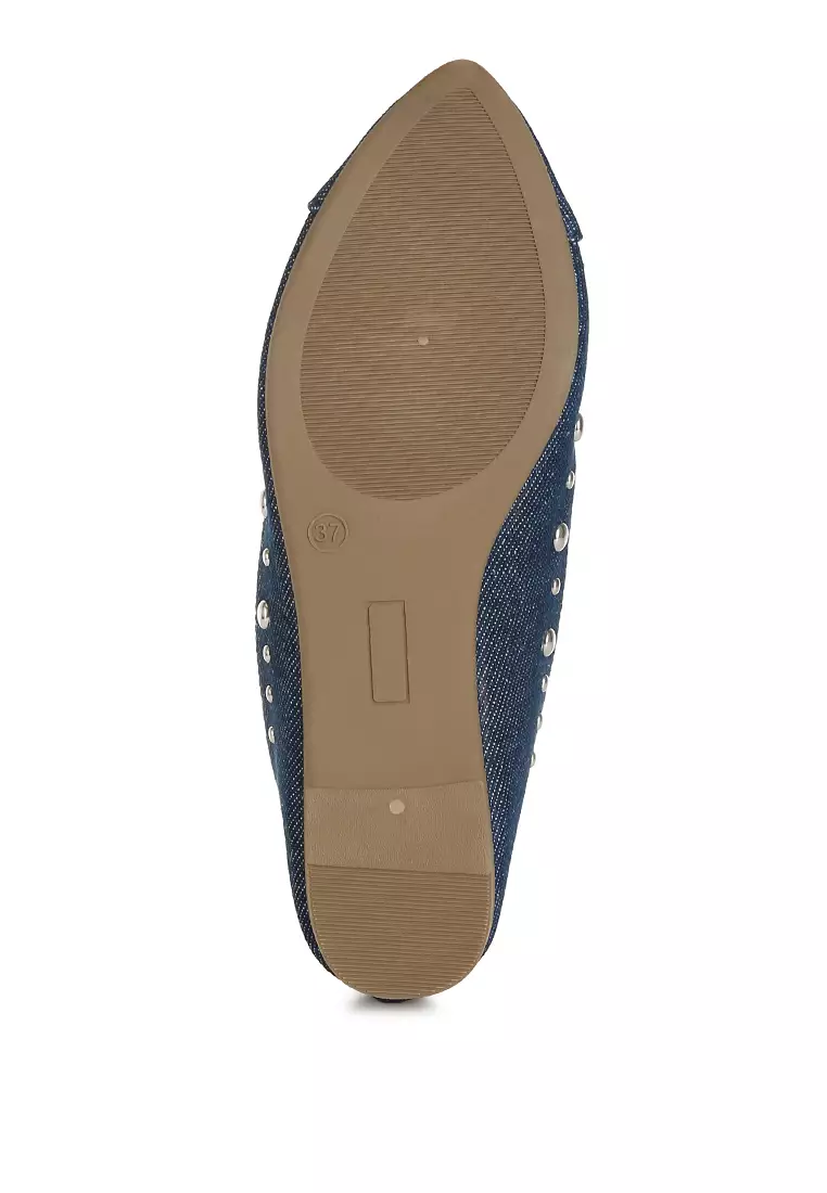 Stud Embellished Ballet Flats in Denim