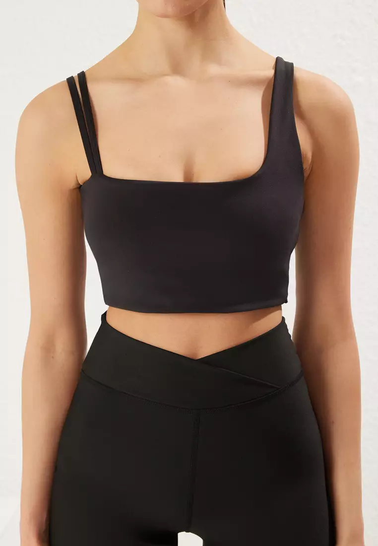 Black Soft Brushed Fabric Double Strap Supportive/Shaping Knitted Sports Bra