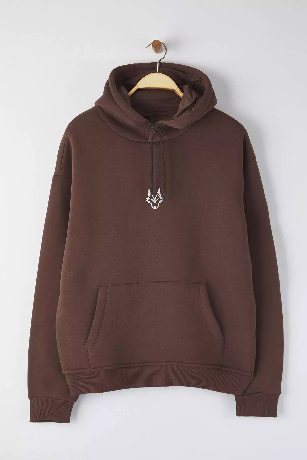 Dark Brown Regular Cut Hooded Polar Fleece Inside Tiger Embroidered Sweatshirt