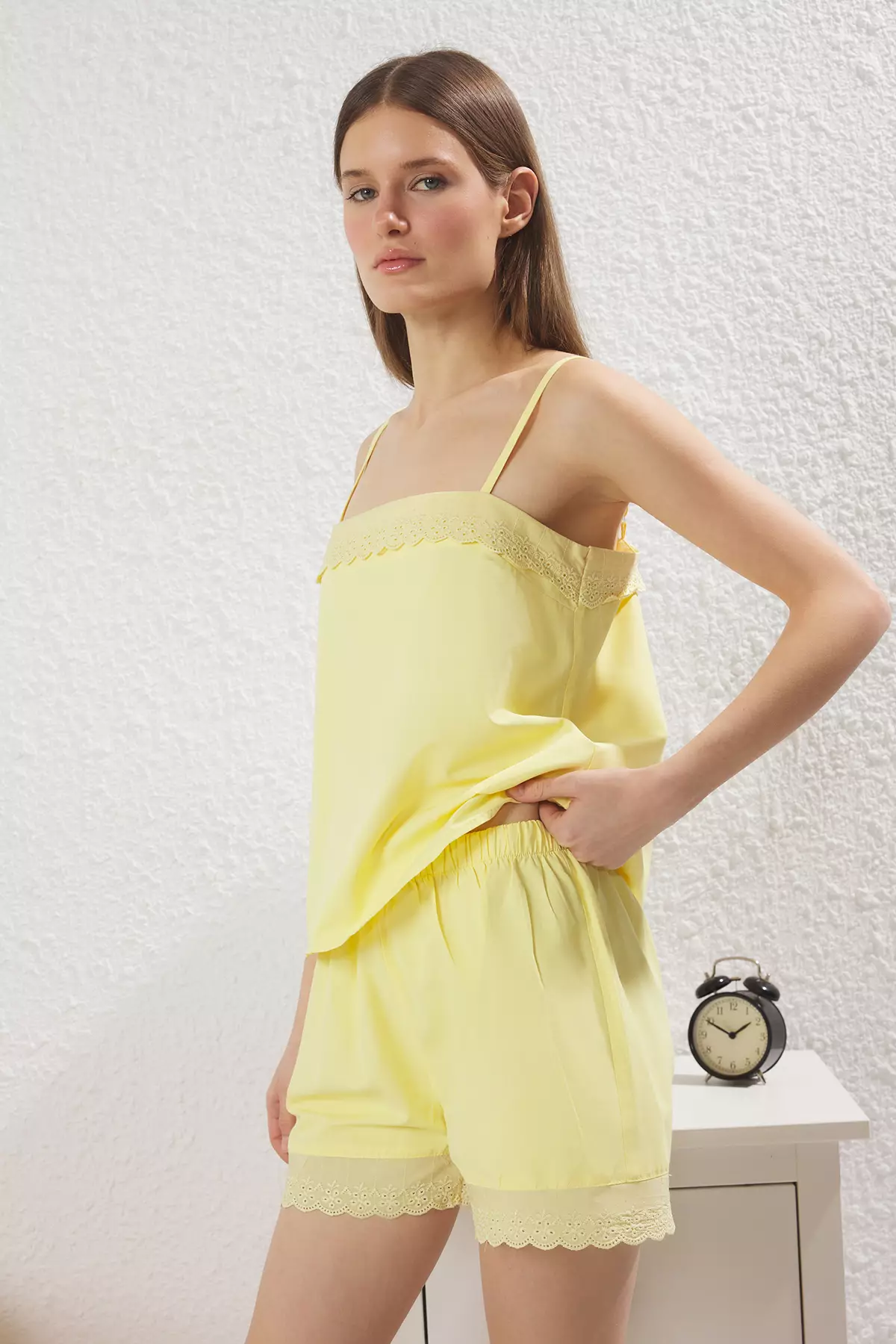 Yellow Cotton Embroidered Rope Suspender Poplin Shorts Woven Pajama Set THMSS25PT00326