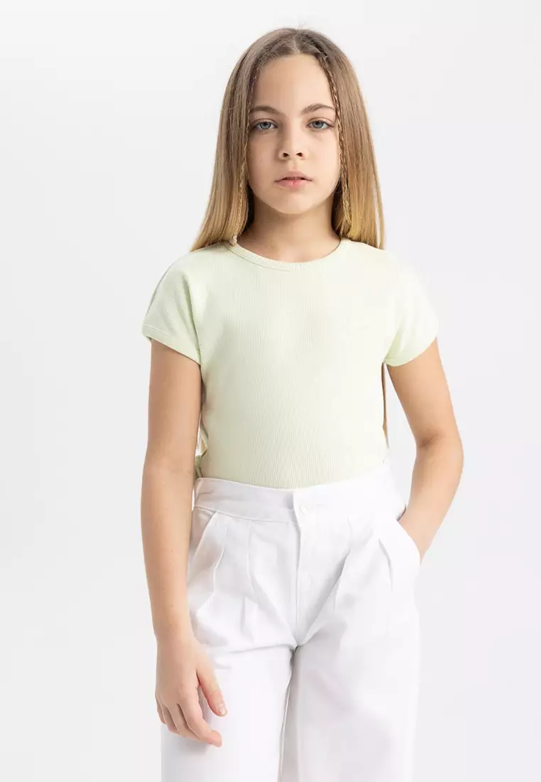 Slim Fit Slim Cut Crew Neck Basic Plain Ribbed Camisole Short Sleeve T-Shirt