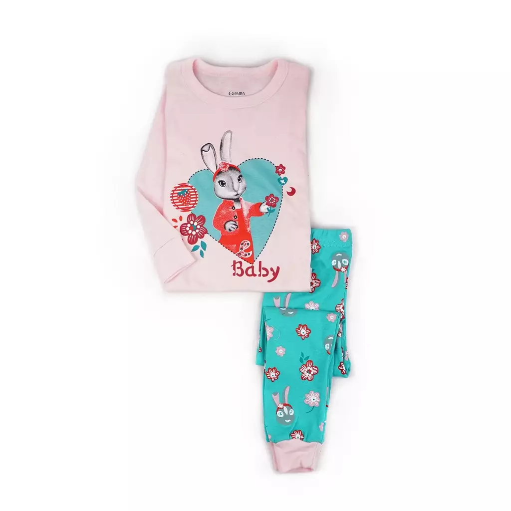 BAJU TIDUR PIYAMA ANAK SETELAN ANAK PEREMPUAN LENGAN PANJANG Lilly Rabbit Flower Garden