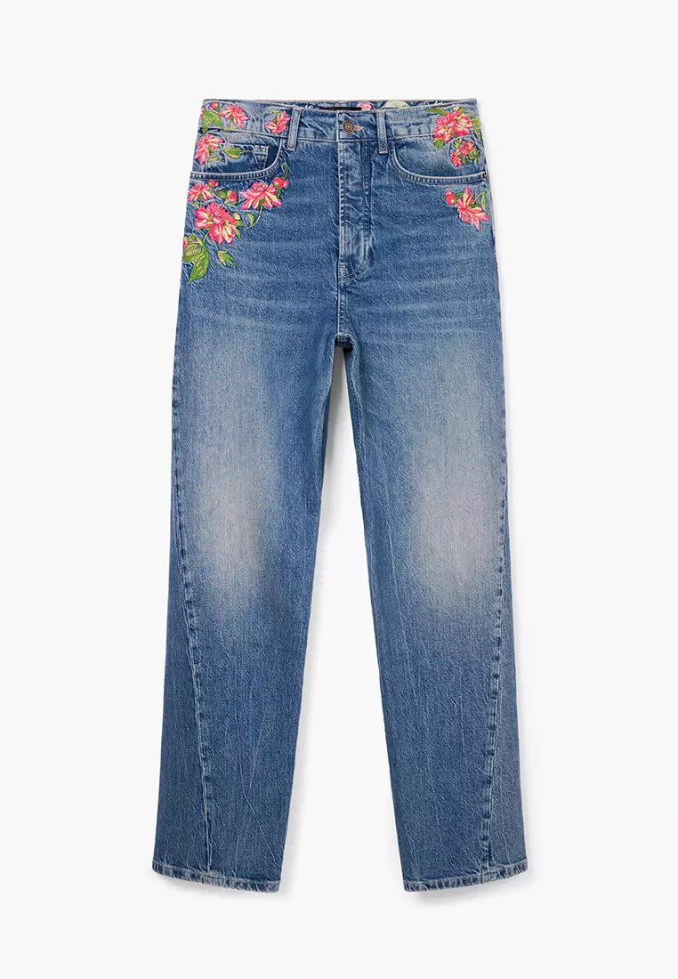Desigual Woman Long denim pants with flowers.