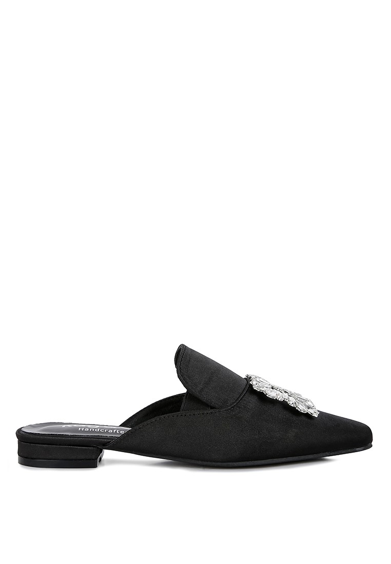 Diamante Brooch Satin Mules in Black