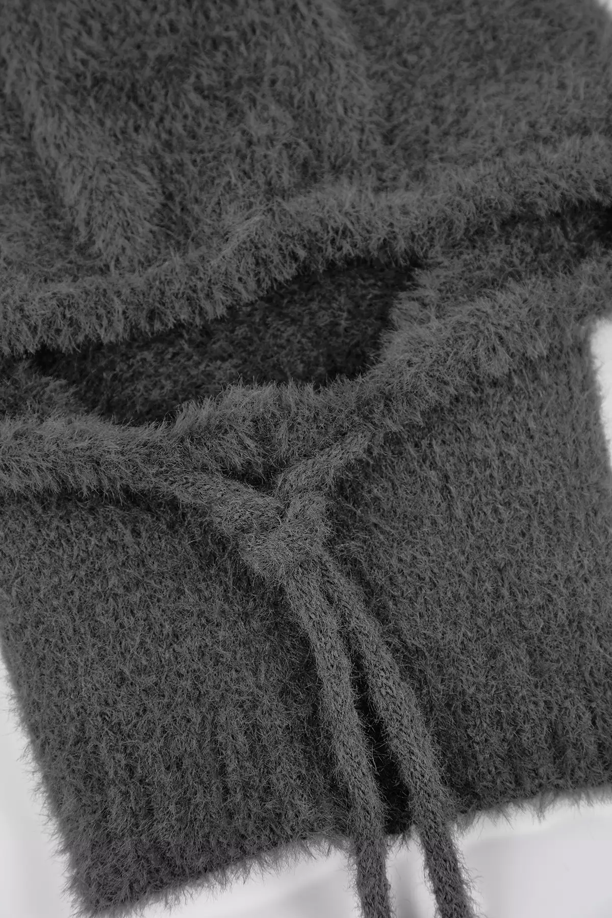 Soft Textured Anthracite Tie-Up Head-Wrapping Knitwear Balaklava Beanie Twoaw26Br2
