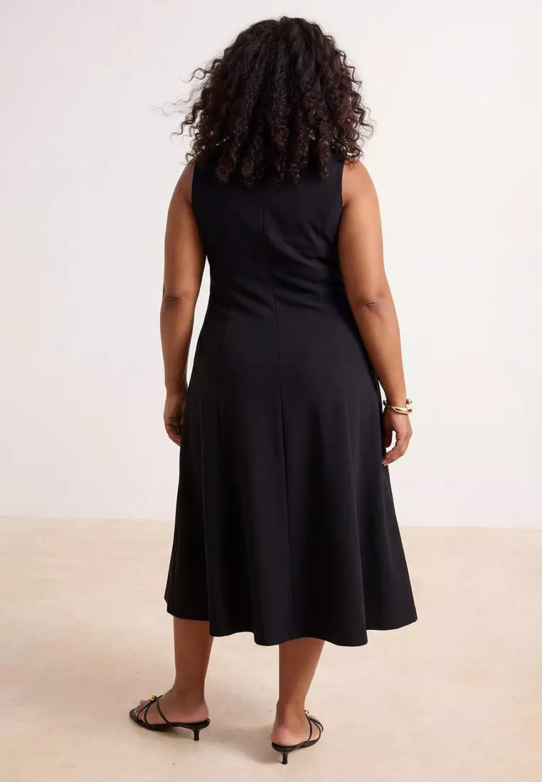 Black 100% Cotton Skater Crew Neck Sleeveless Midi Knitted Midi Plus Size Dress Tbbss26Ah00157