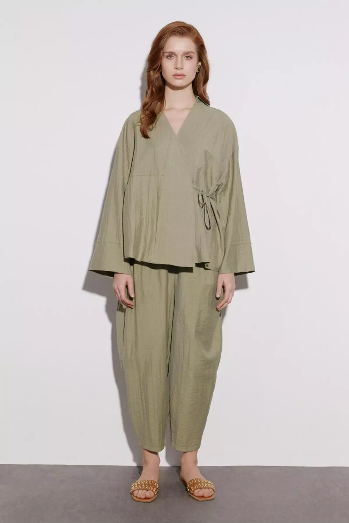 Khaki Double Breasted Kimono Pants Woven Bottom - Top Set Twoaw26Au67