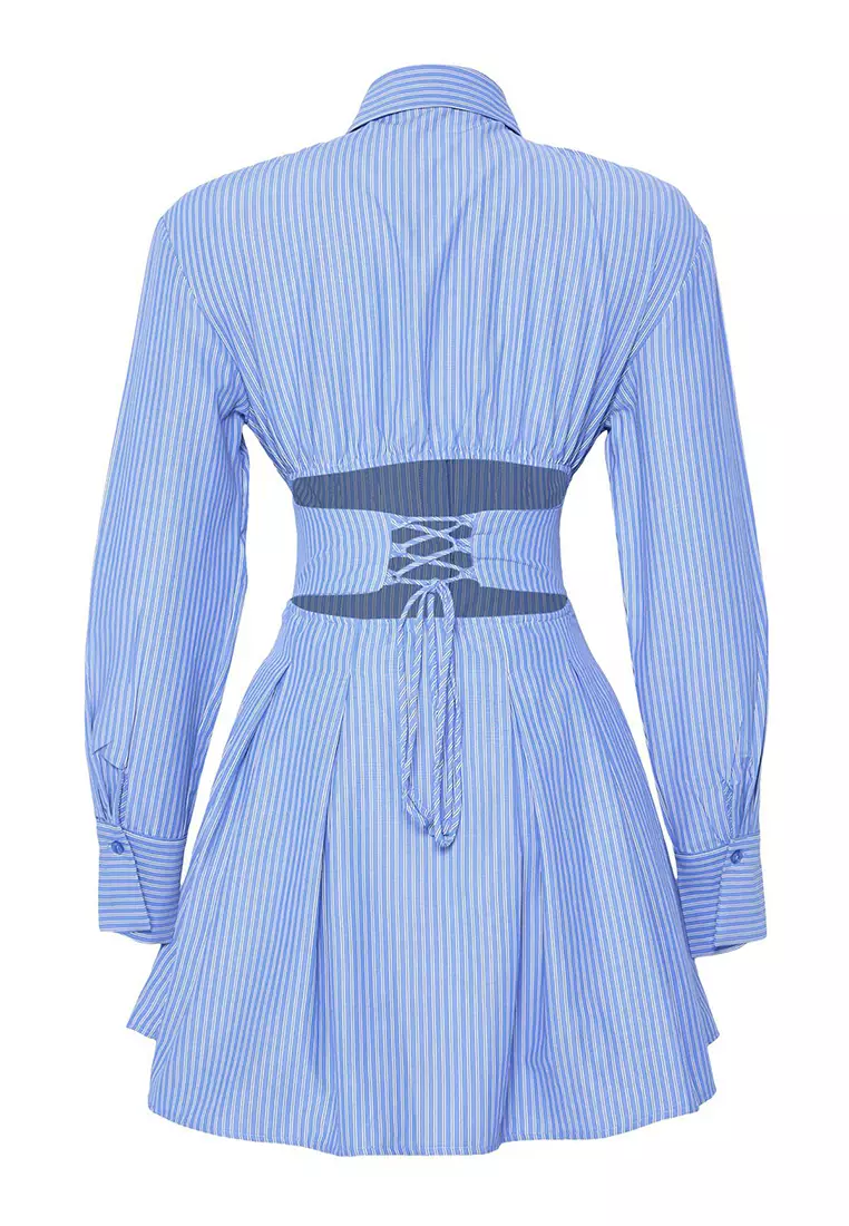 White-Blue Corset Detailed Poplin Woven Wedding/Marriage Elegant Evening Dress Graduation Dress TPRAW25EL00108