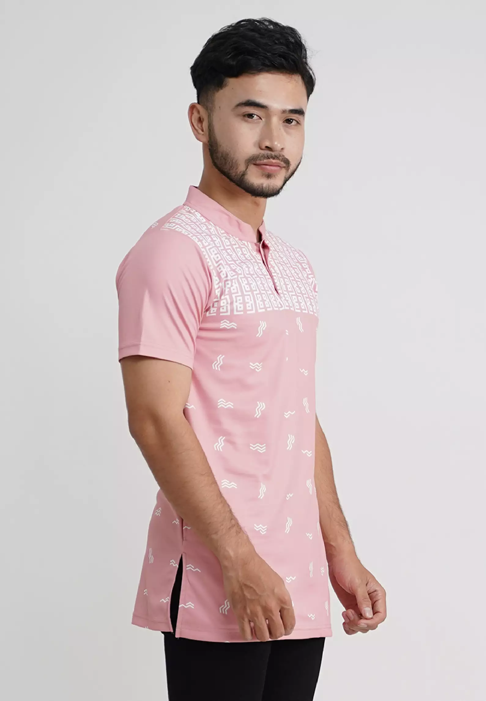 Tiento Pakaian Koko Pria Baju Muslim Kurta Atasan Lengan Pendek Motif Ixora