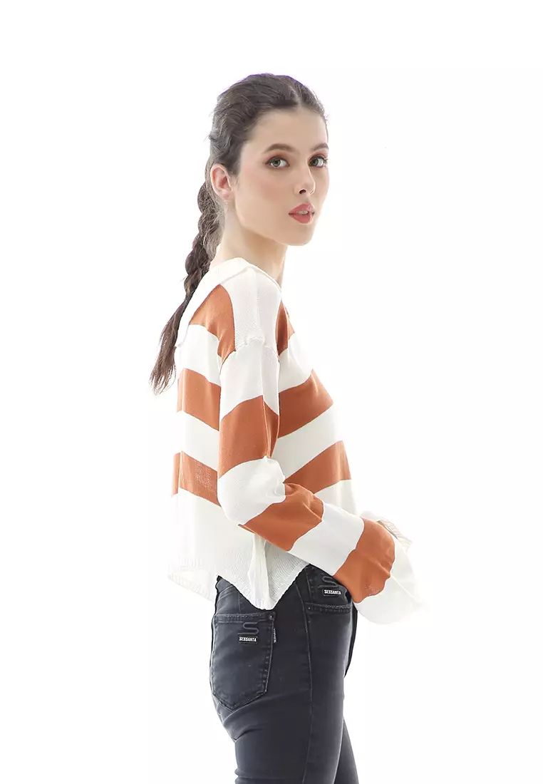 Vilia Rajut Crop Atasan Wanita Oversize Motif Stripe Garis Relaxed Fit - Coral