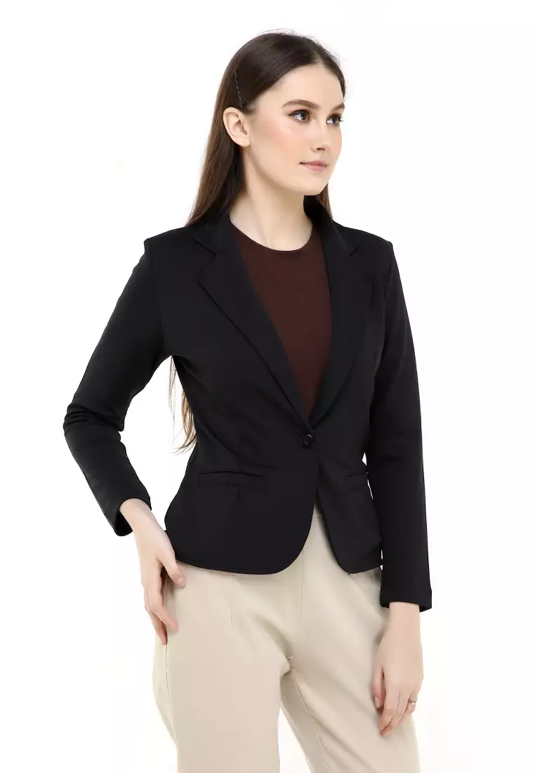 Qemsya Jas Blazer Wanita One Botton Slim Fit Formal Longsleeve Suit Material Scuba ORIGINAL - Black