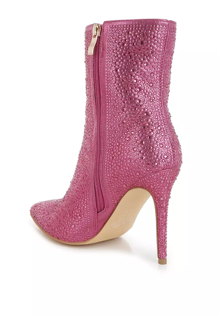 Rhinestones Embellished High Ankle Boots in Pink