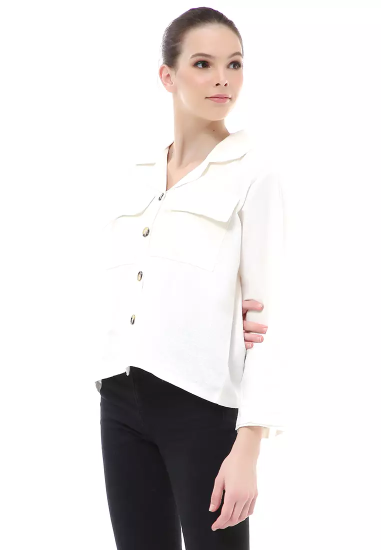 Brielle Atasan Wanita Kemeja Pocket Plain Motive Lengan Panjang Material Linen ORIGINAL - White