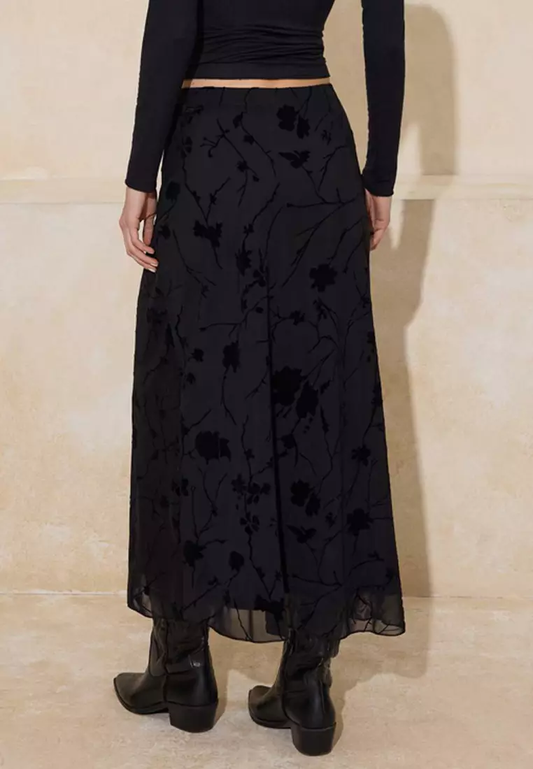 Black Flock Printed Pen Maxi/Long Tulle Flexible Knitted Skirt Twoaw26Et146