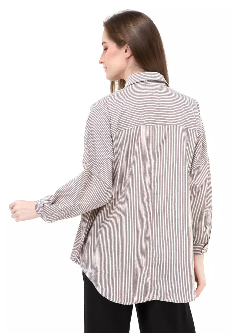 Dania Kemeja Long Sleeves Wanita Motif Bergaris Atasan Wanita Casual - Brown