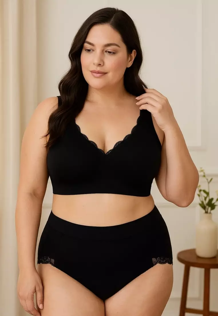 2 Pack Premium Remi Lace Plus Size Seamless Wireless Paded Push Up Bralette in Nude and Black
