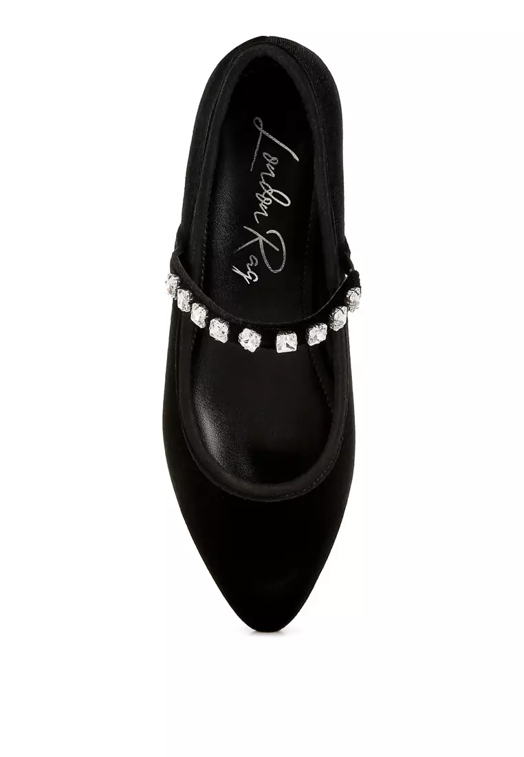 Sepatu Balerina Mary Jane Beludru Warna Hitam