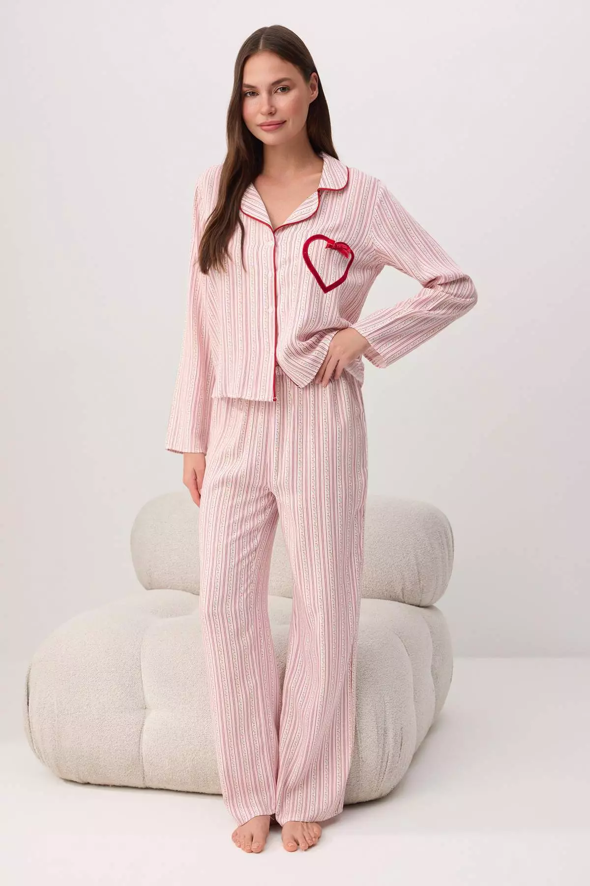 Multi-Colored Floral Heart Detailed Viscose Woven Pajama Set Thmss26Pt6