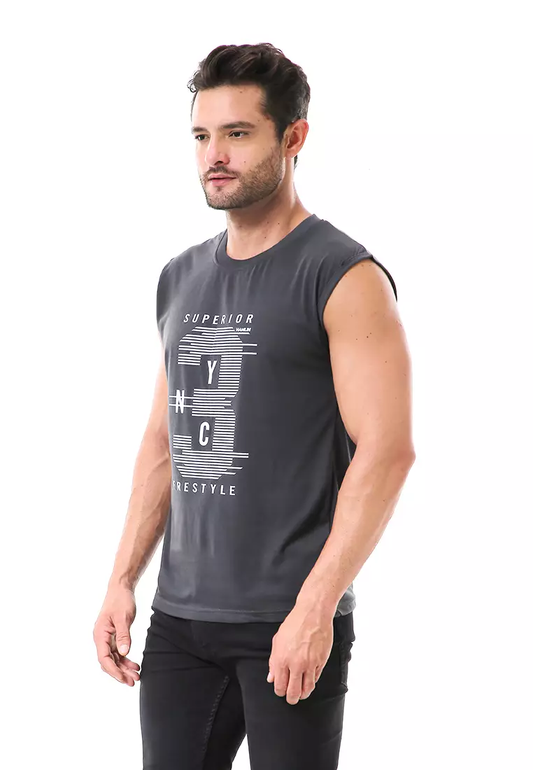 Bobby Atasan Kasual Pria Singlet Motif Three Sleeveless Tshirt Material Cotton ORIGINAL - Gray